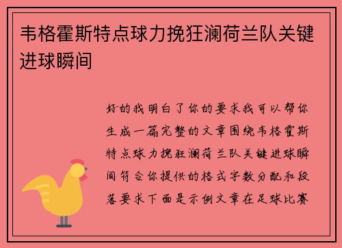 韦格霍斯特点球力挽狂澜荷兰队关键进球瞬间